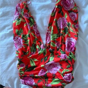 Zara Red Floral V-Neck Bodysuit with Pink Roses